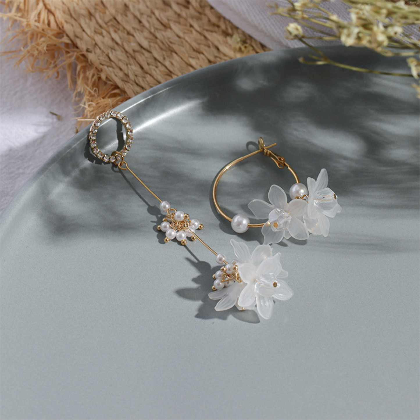 Gold Freshwater Pearl and Flower Earrings Set for Women