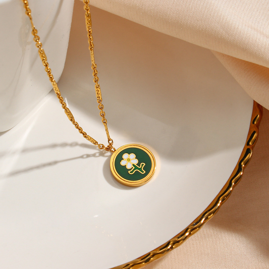 Statement Flower Green Coin Pendant Necklace for Women