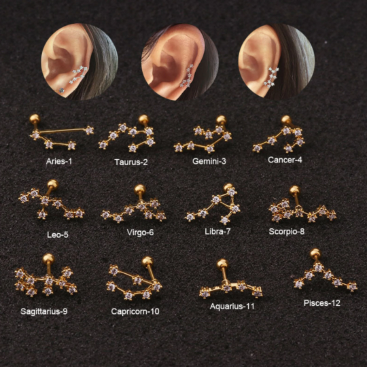 Statement Gold Zircon Zodiac Sign Earrings for Women