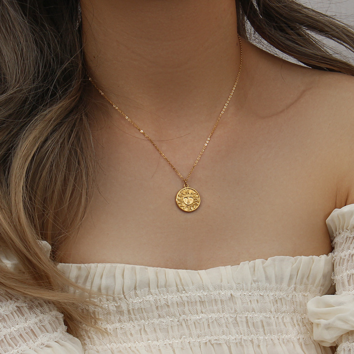 Gold Sun Coin Pendant Necklace for Women