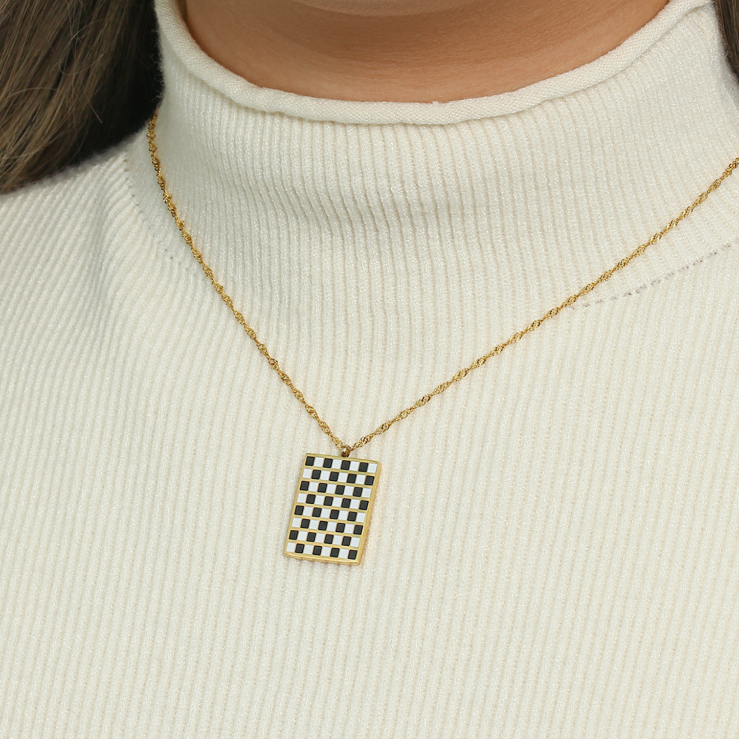 Minimalist Black and White Checkered Pendant Necklace